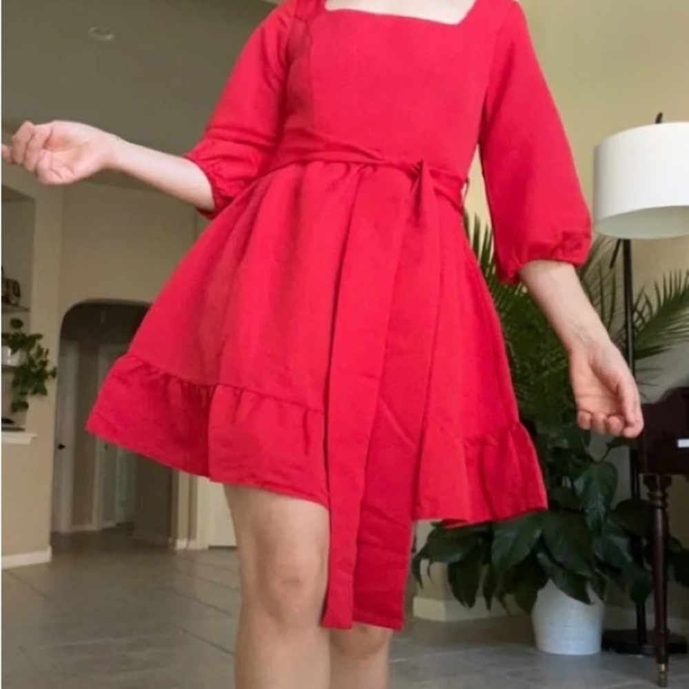 NWT CODE x MODE Red Dress Belted with Puff Sleeves